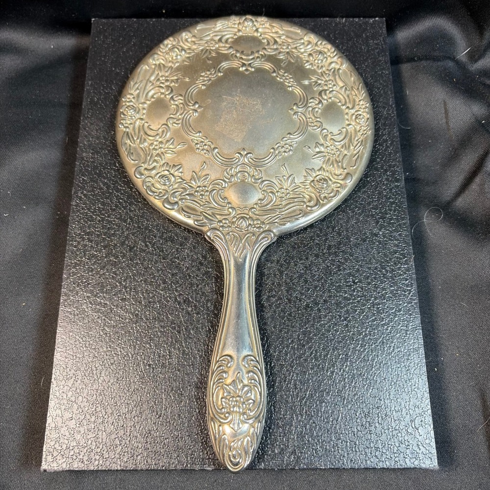 Antique Silver Plate Hand Mirror Ornate Floral Repousse Victorian Vanity Decor